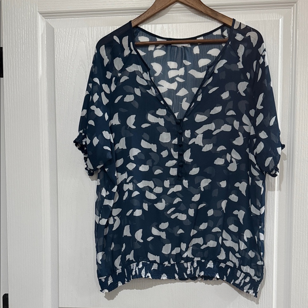New York & Company Navy and White Sheer Blouse